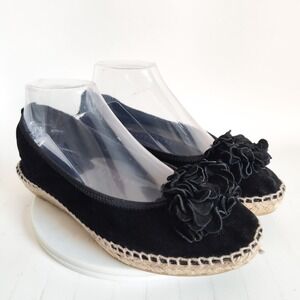 Andre Assous Espadrille Flats 9 Black Suede Shoes Ruffle Flower Made in Spain